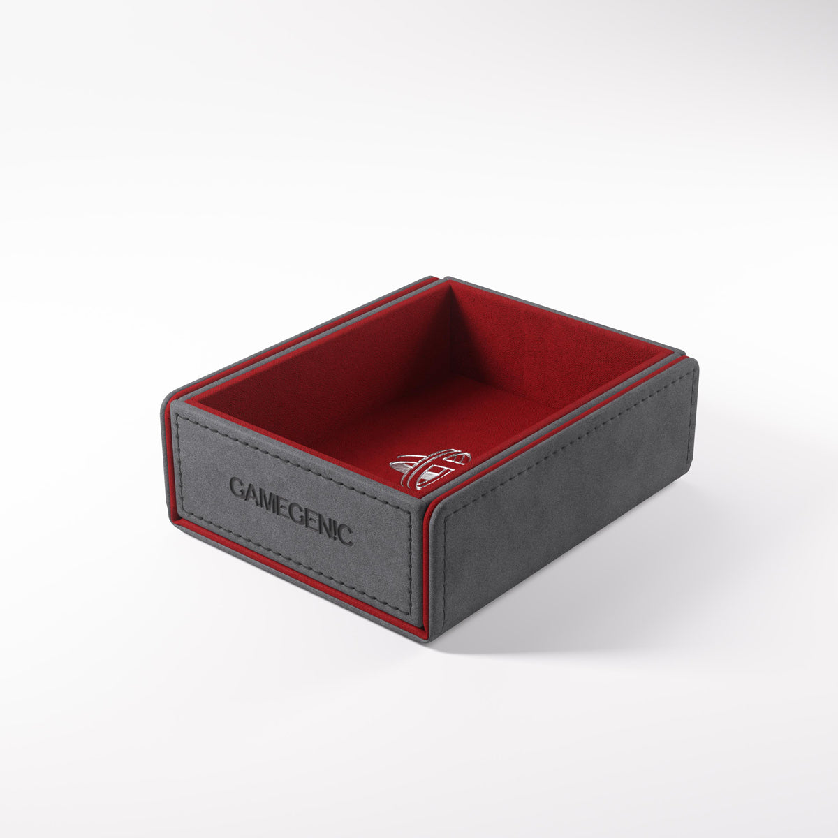 Gamegenic dark grey dice tray with red felt lining and stitching