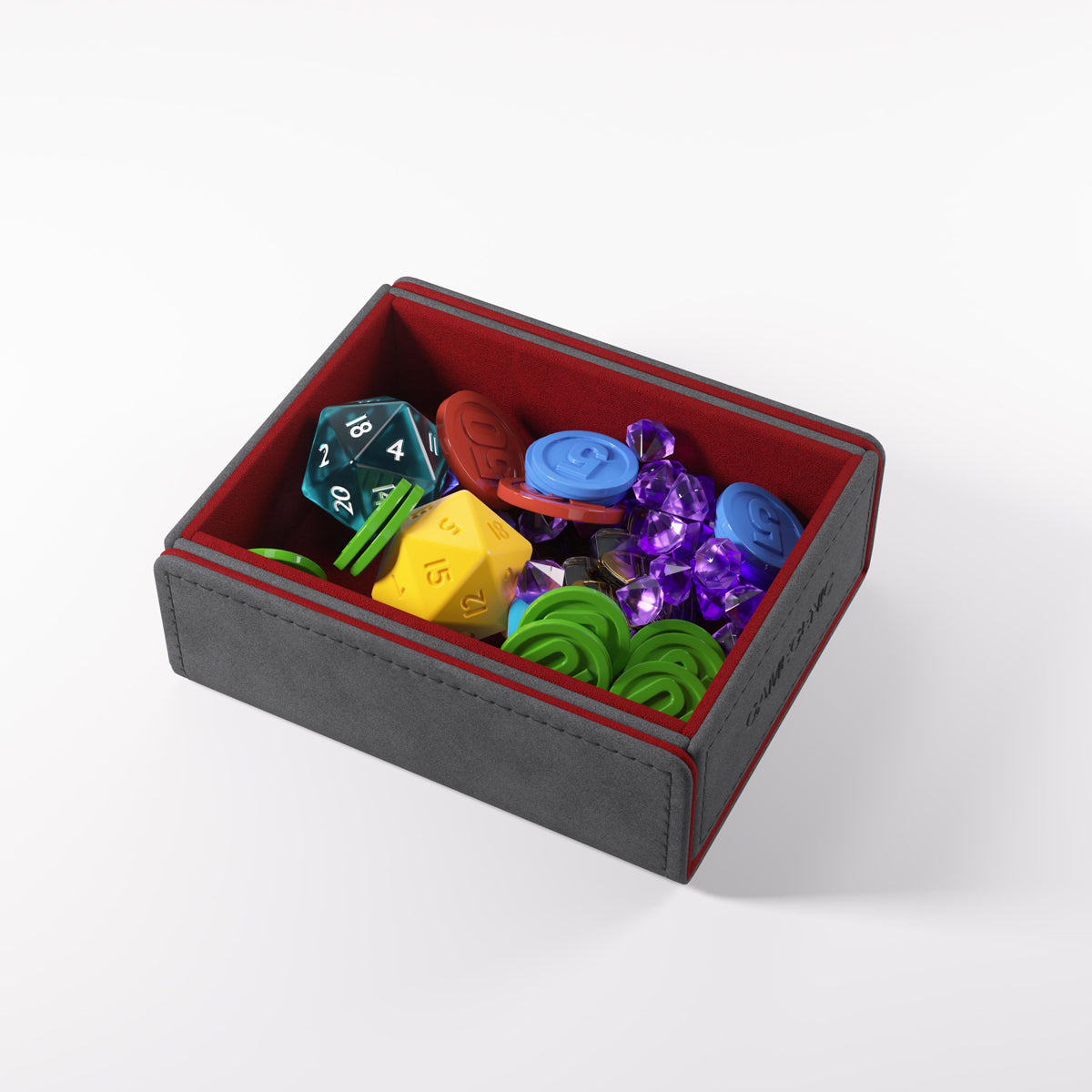 Gamegenic Token Keep Box filled with colourful gaming dice, tokens, and purple gems on a white background