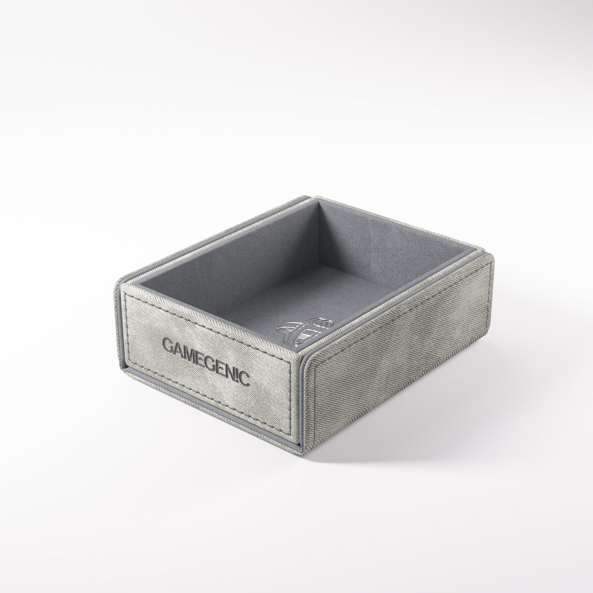 Gamegenic grey dice tray with bright grey felt lining and stitching