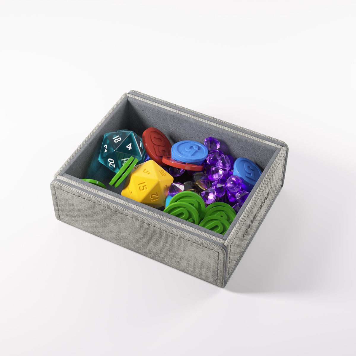 Gamegenic Token Keep Box filled with colourful gaming dice, tokens, and purple gems on a white background