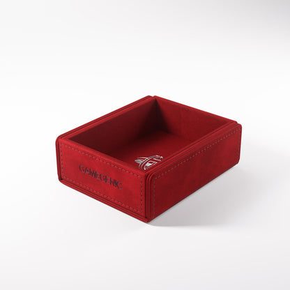 Red fabric dice tray with GAMEGENIC logo on the side and a silver emblem inside