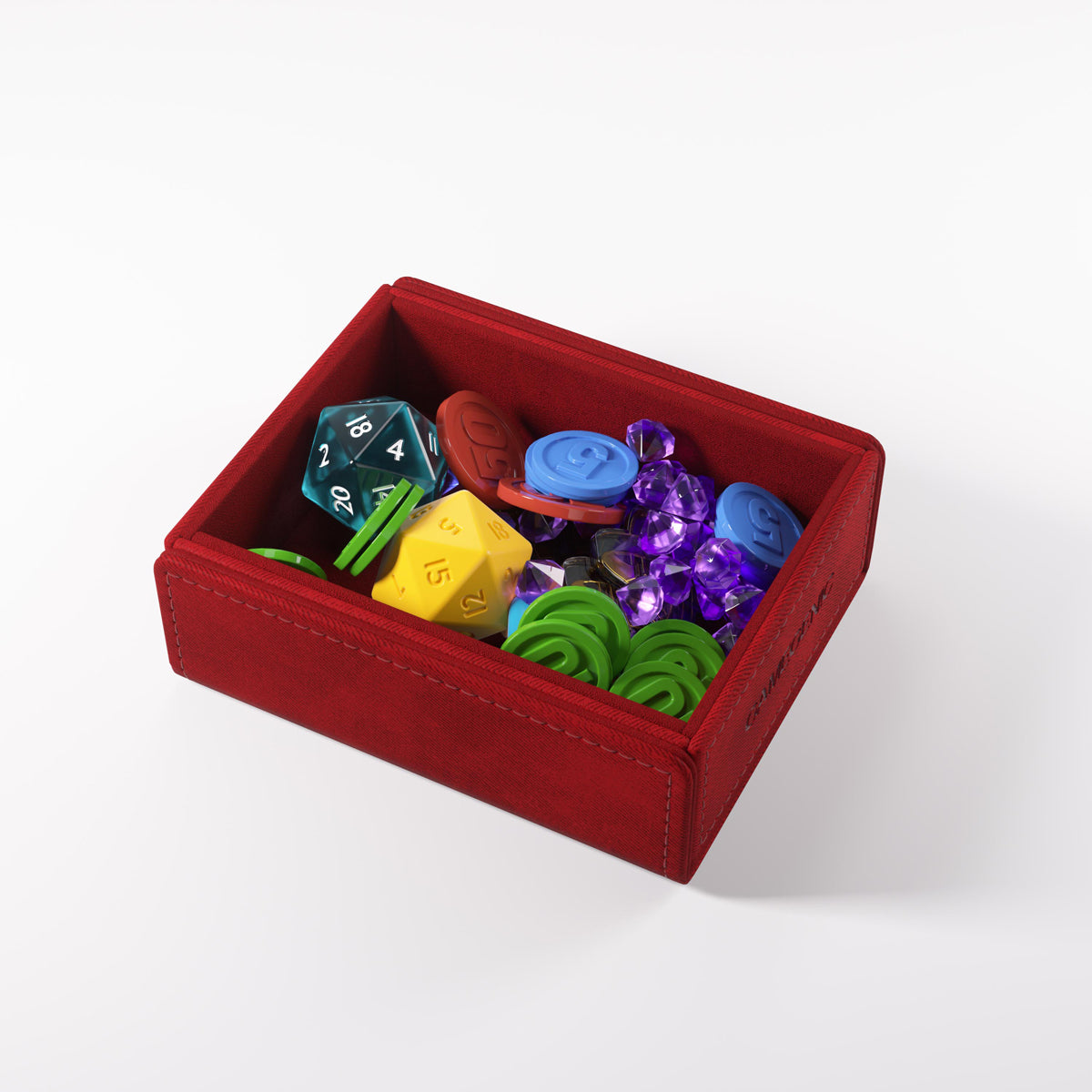 Gamegenic Token Keep Box filled with colourful gaming dice, tokens, and purple gems on a white background