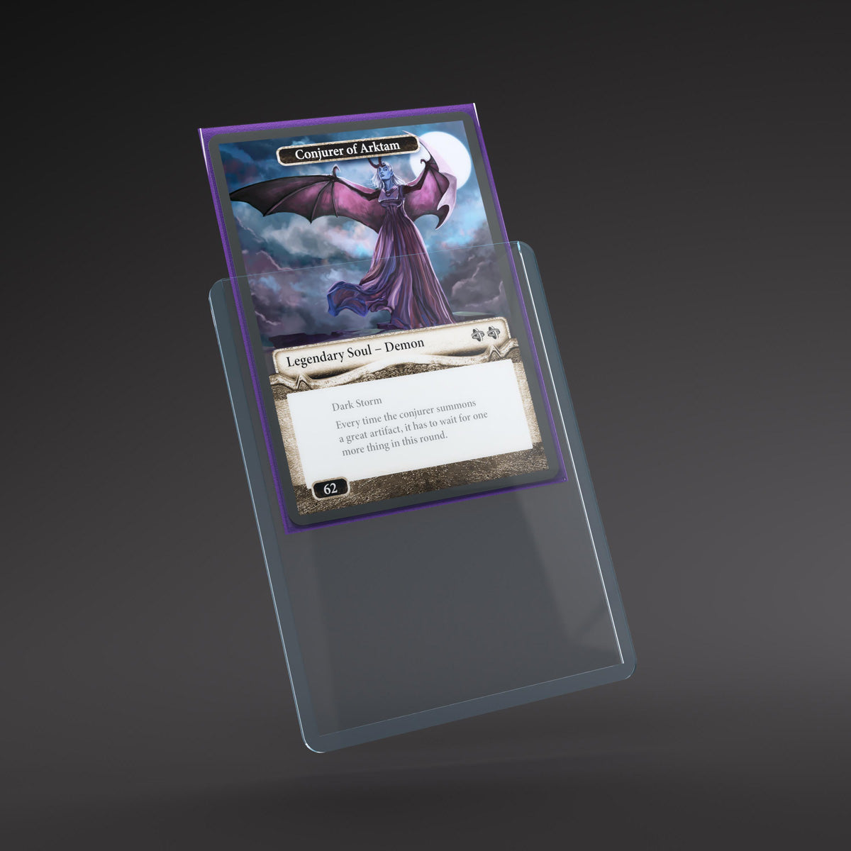 A &quot;Conjurer of Arktam&quot; trading card with a purple border is partially inserted into a clear Gamegenic Premium Toploading Exoshields sleeve floating against a dark background