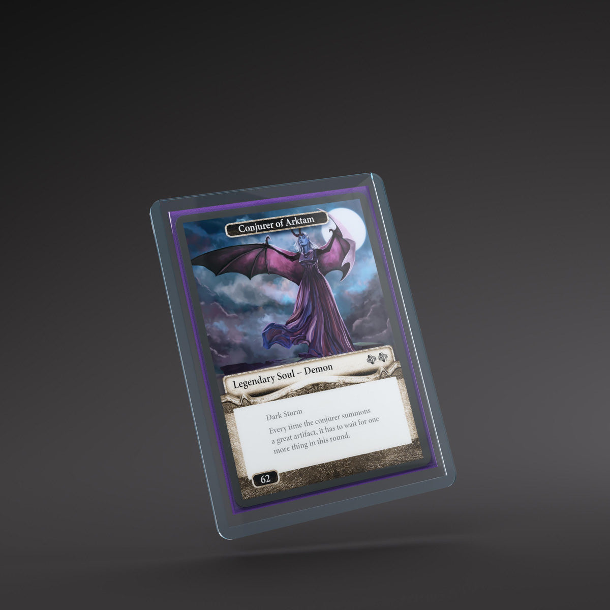 A clear Gamegenic - Premium Toploading Exoshields - Clear protector holds a fantasy trading card featuring a winged figure