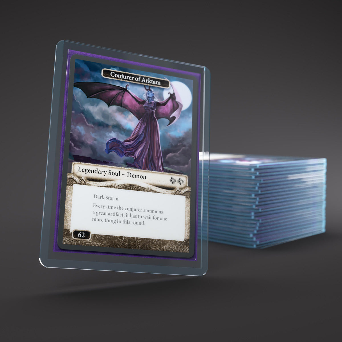 A fantasy trading card in a clear Premium Toploading Exoshield stands upright, with a stack of clear toploaders in the background