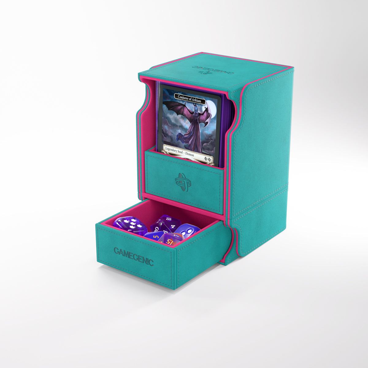 Gamegenic deck box holding sleeved trading cards in its top compartment and various colorful dice in its pulled-out bottom drawer