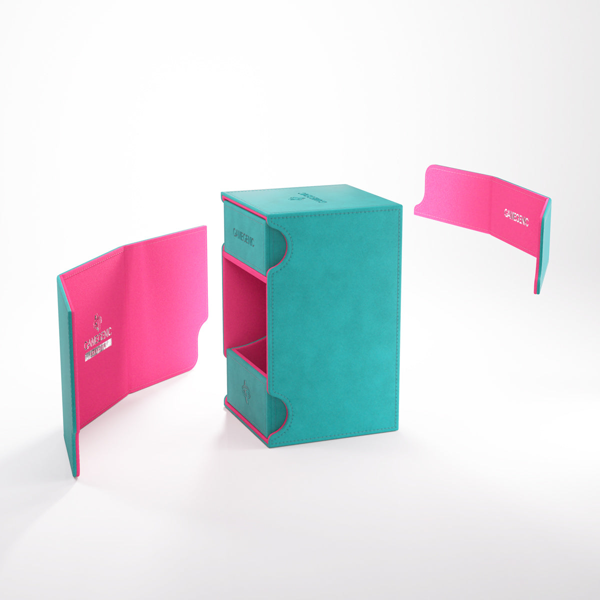Gamegenic card box, open, showing two compartments and two detached colour lined lid flaps