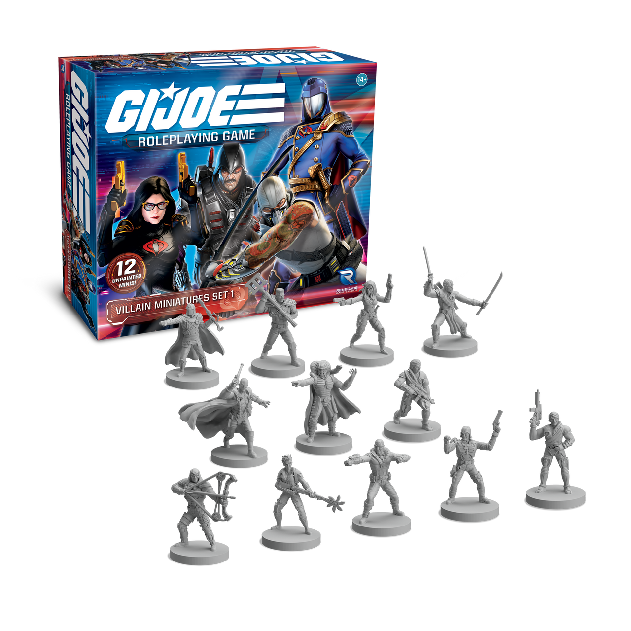 GI JOE Roleplaying Game Villain Miniatures Set 1 box with 12 unpainted miniatures lined up below