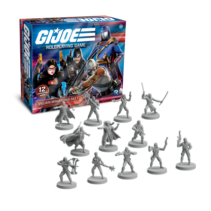GI JOE Roleplaying Game Villain Miniatures Set 1 box with 12 unpainted miniatures lined up below