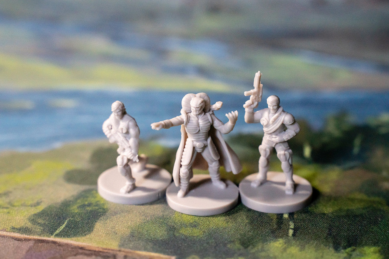 Three gray fantasy miniature figures on a green and brown battle mat