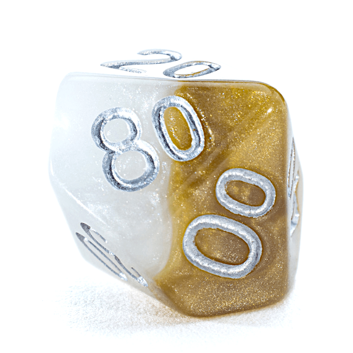 Marbled white and shimmering gold percentile die, showing &#39;80&#39; in silver.