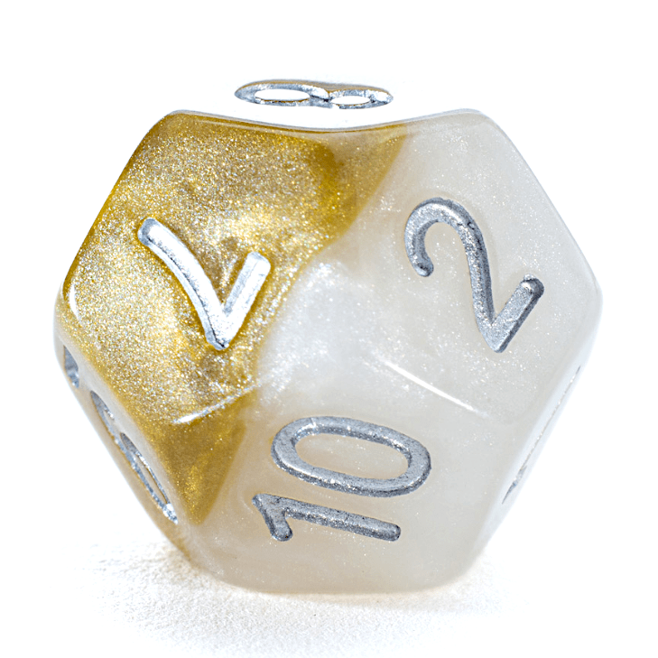 A two-toned gaming die, shimmering gold and pearlescent white, with silver numbers.