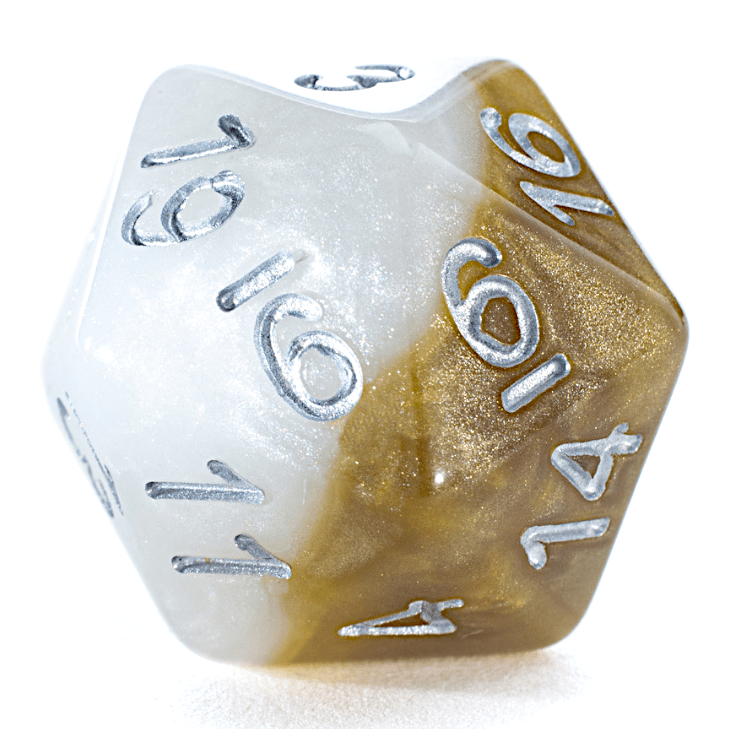A two-toned d20 die, half pearlescent white and half shimmering gold, with silver numbers.