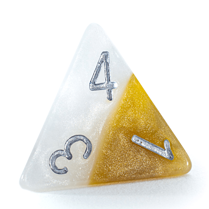 A shimmering D4 die, half white and half gold, with silver numbers 1, 3, and 4 visible.