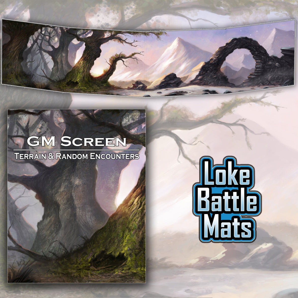 Loke Battle Mats GM Screen with a panoramic fantasy landscape of ancient trees, snowy mountains, and a rock arch