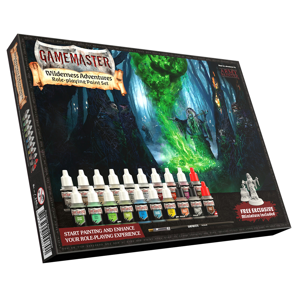 A Gamemaster Role-playing Paint Set box with fantasy art, paints, a brush and an unpainted miniature