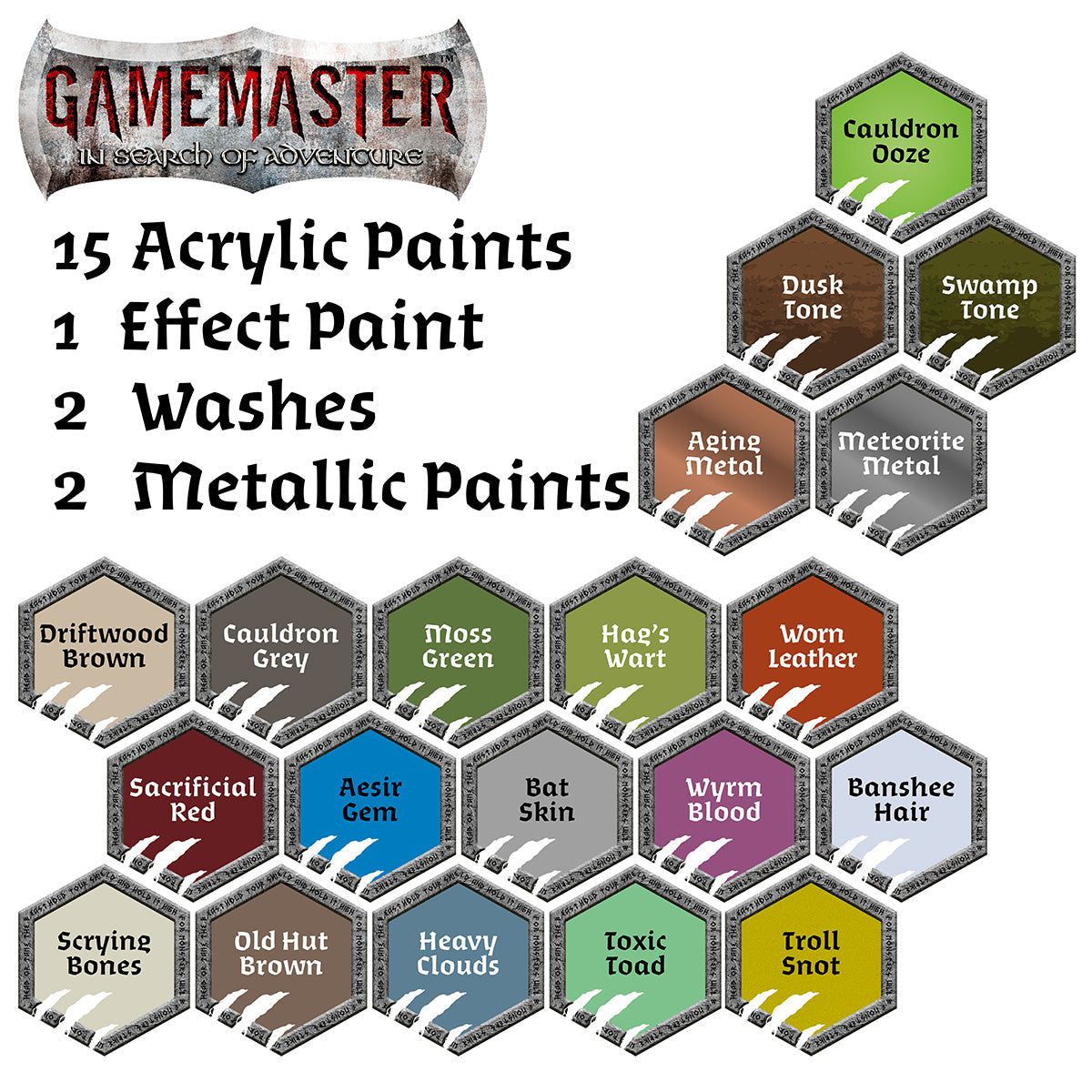 Gamemaster paint set with 22 hexagonal color swatches and fantasy names, listing 15 acrylic, 1 effect, 2 wash, 2 metallic paints