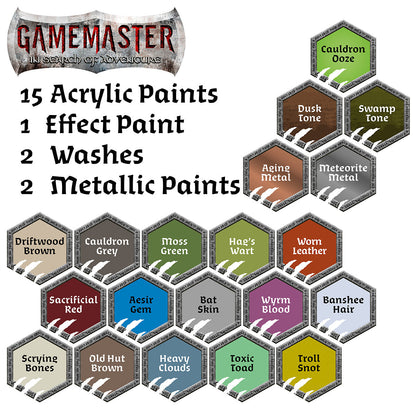 Gamemaster paint set with 22 hexagonal color swatches and fantasy names, listing 15 acrylic, 1 effect, 2 wash, 2 metallic paints
