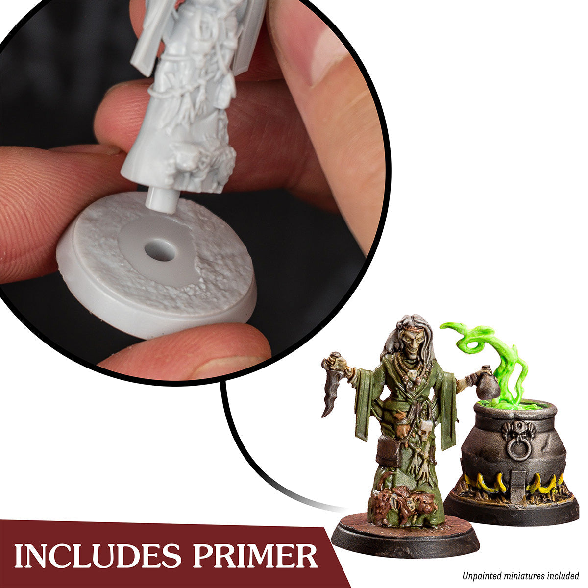 Hands assemble a grey miniature onto a base and beside it, a painted hag figure and a cauldron with green smoke