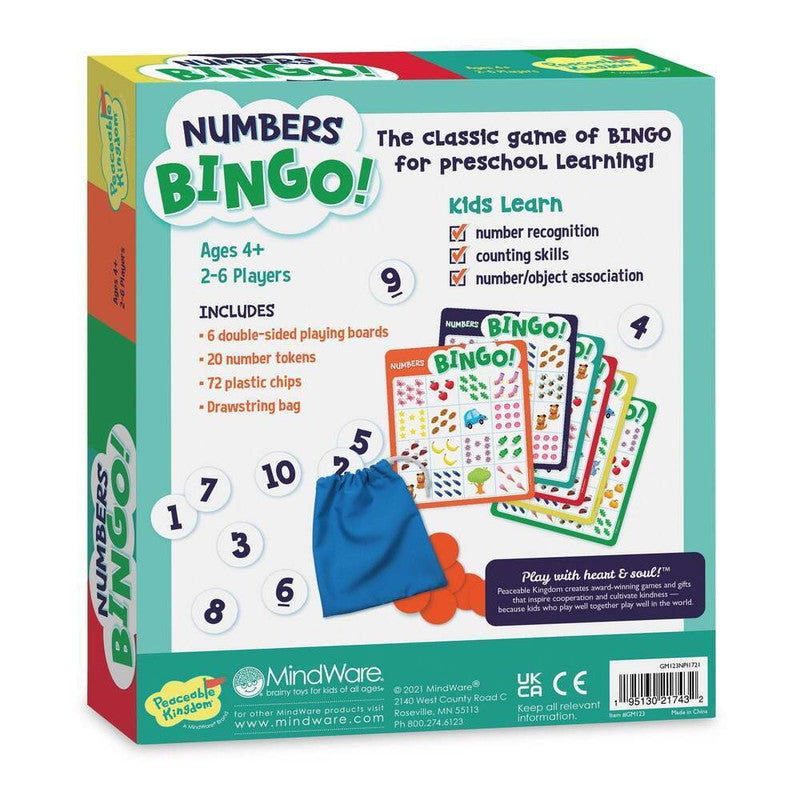 Peaceable Kingdom Numbers Bingo game, numbers, dice, and a blue drawstring bag