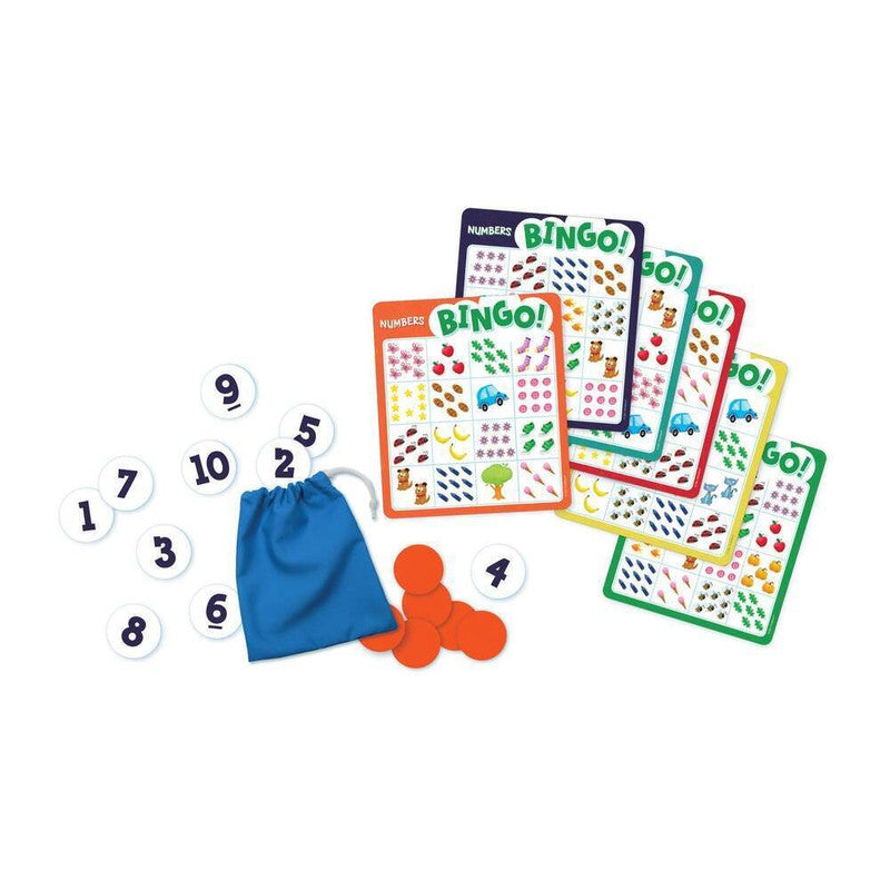 Peaceable Kingdom Numbers Bingo game with game boards, number tokens, and drawstring bag
