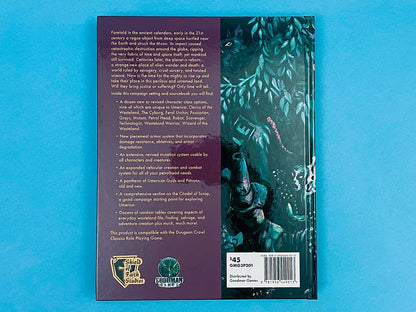 RPG book cover showing a dark, armored figure with a tall, cylindrical head amidst dense, overgrown ruins