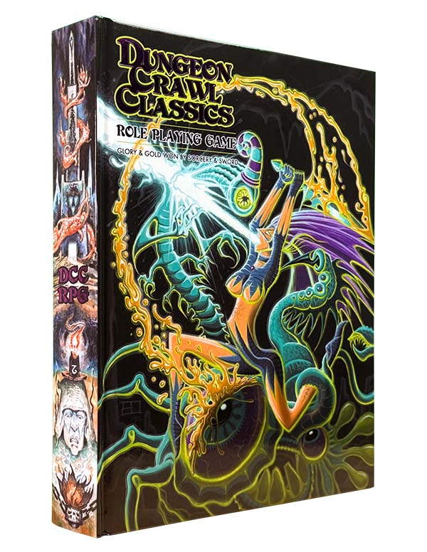 The Dungeon Crawl Classics Core Rulebook features a warrior battling a cosmic tentacled creature with a glowing sword on its cover