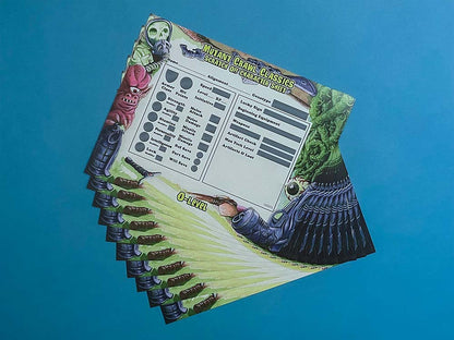 A fanned stack of colourful 'Mutant Crawl Classics' scratch-off character sheets on a blue surface