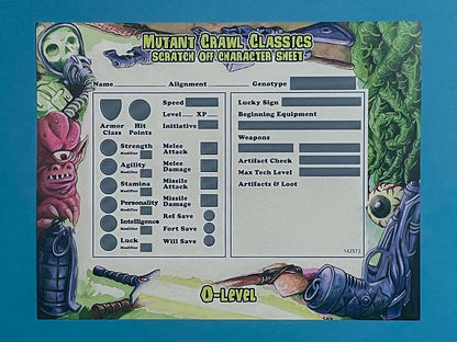 A Mutant Crawl Classics Scratch Off Character Sheet for character creation, with blank fields and illustrations of mutants