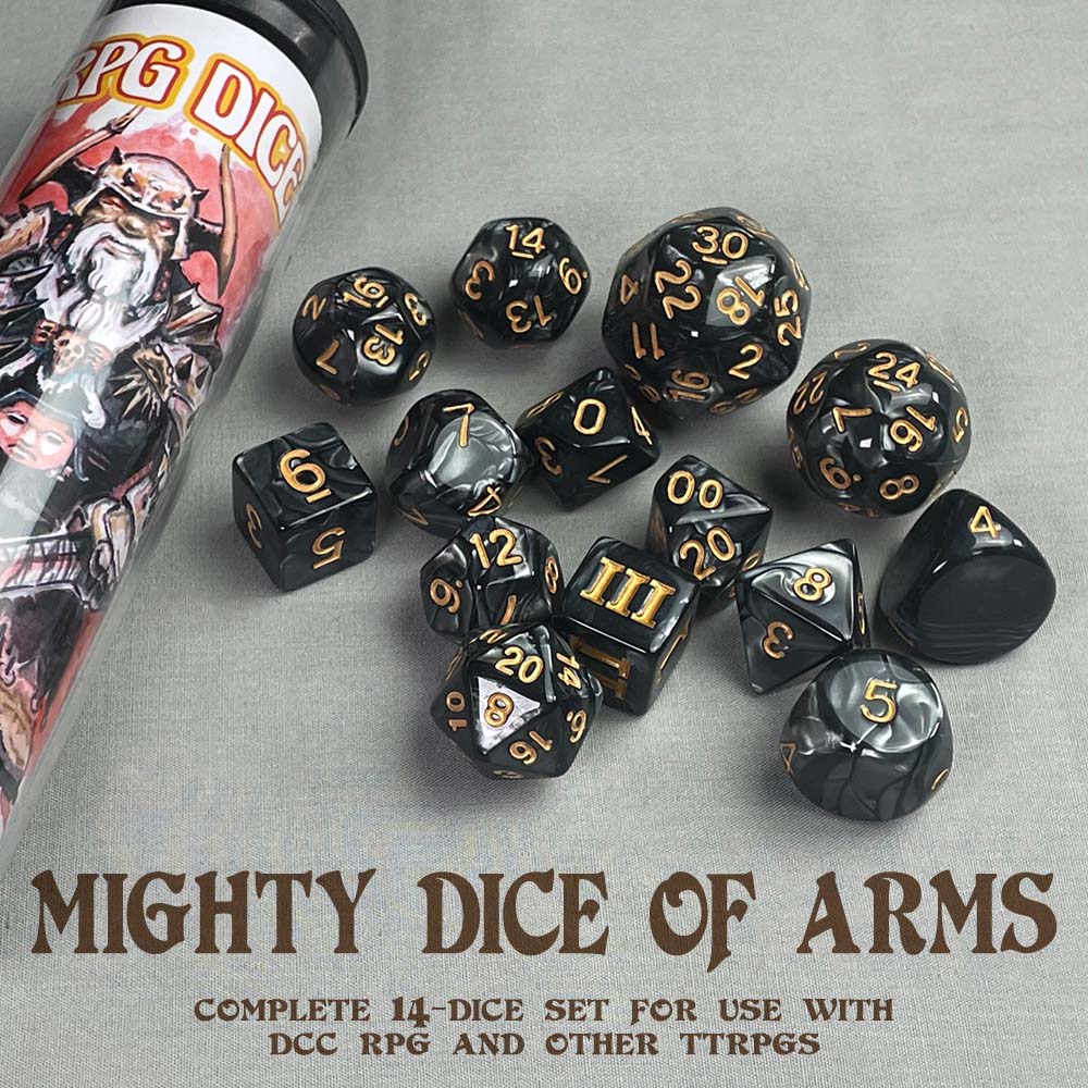 Black and gold polyhedral RPG dice set scattered on a grey surface, next to a container with "RPG DICE" and fantasy warrior art