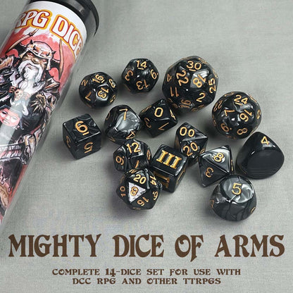 Black and gold polyhedral RPG dice set scattered on a grey surface, next to a container with "RPG DICE" and fantasy warrior art