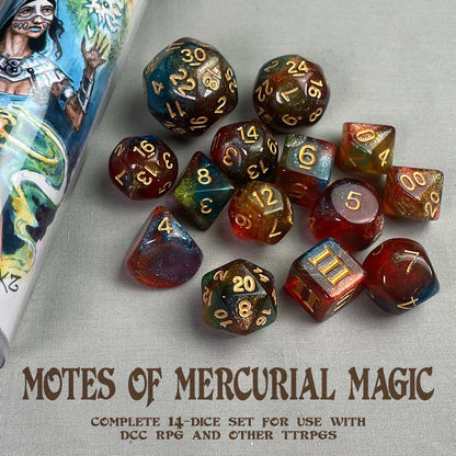 Vibrant glitter 14-dice TTRPG set with gold numbers, beside a fantasy art tube