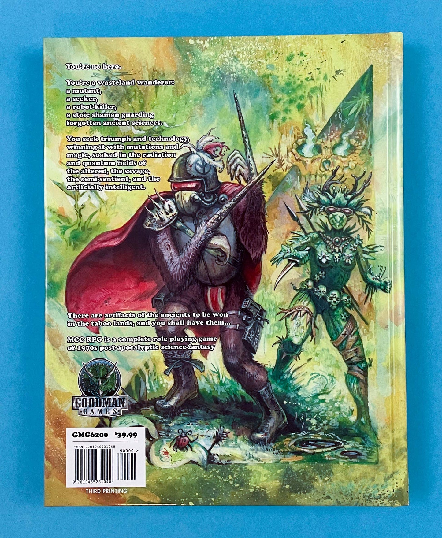 Back cover art: An armored, cloaked warrior and a green, plant-like mutant with weapons in a sci-fi wasteland