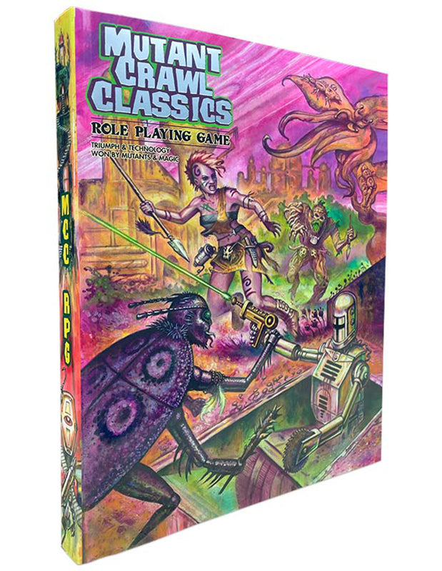 Mutant Crawl Classics RPG rulebook cover depicting a mutant woman, an insect creature, and a robot engaged in battle