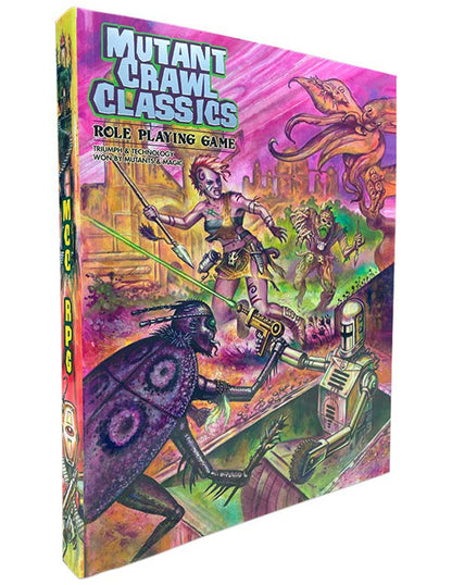Mutant Crawl Classics RPG rulebook cover depicting a mutant woman, an insect creature, and a robot engaged in battle