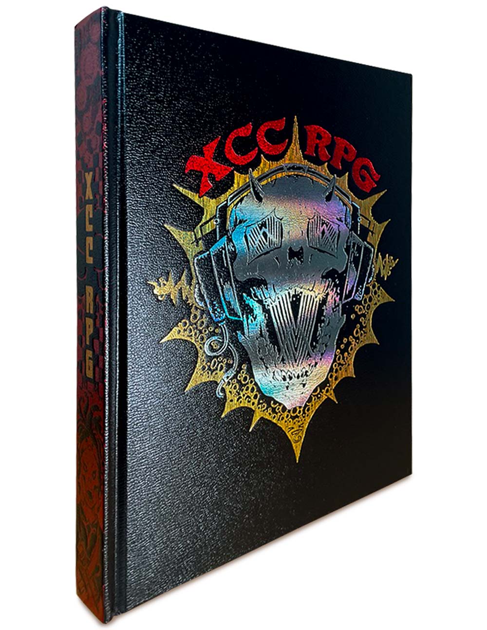 Black XCC RPG rulebook with an iridescent, horned skull wearing headphones, on a golden spiked sunburst cover