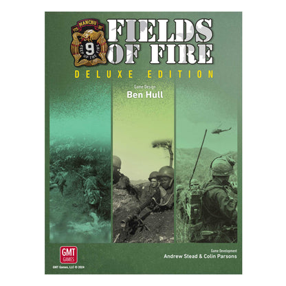A board game cover for "Fields of Fire Deluxe Edition" depicting three split-panel, vintage military combat scenes featuring infantry