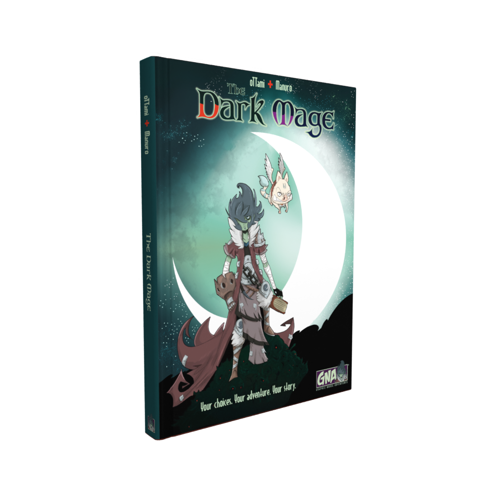 The Dark Mage book featuring artwork of a cloaked character and a small creature against a crescent moon