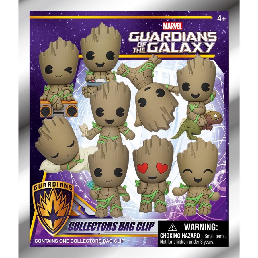 Marvel Guardians of the Galaxy Collectors Bag Clip package showing nine different Baby Groot figures, including Groot with a boombox, riding a dinosaur, and heart eyes
