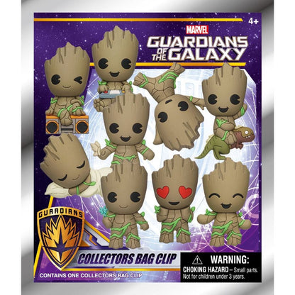 Marvel Guardians of the Galaxy Collectors Bag Clip package showing nine different Baby Groot figures, including Groot with a boombox, riding a dinosaur, and heart eyes