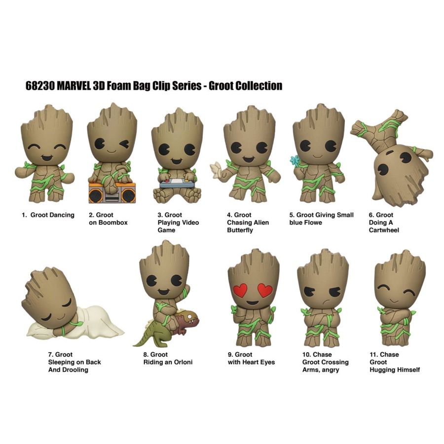 Marvel 3D foam bag clips: 11 different Groot figures dancing, gaming, chasing, sleeping, riding an Orloni, showing heart eyes, or angry