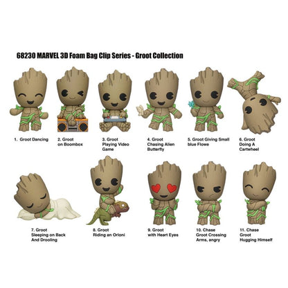 Marvel 3D foam bag clips: 11 different Groot figures dancing, gaming, chasing, sleeping, riding an Orloni, showing heart eyes, or angry