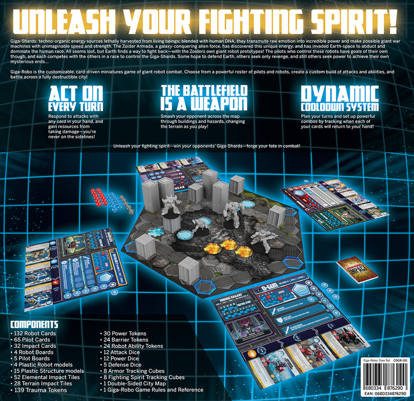 Box back featuring Giga-Robo robot combat board game set up: miniatures on a hexagonal city board, with cards and dice