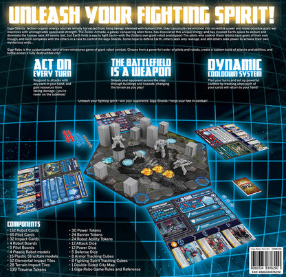 Box back featuring Giga-Robo robot combat board game set up: miniatures on a hexagonal city board, with cards and dice