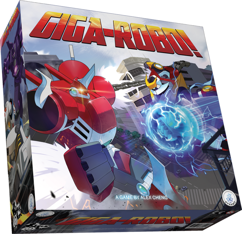 GIGA-ROBO! board game box: Two large robots fight in a city, one firing an electric blast