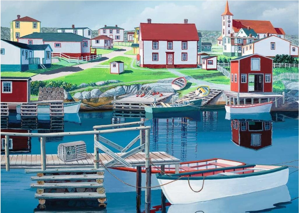 Colourful painting of a fishing village harbor with houses, a church, wooden docks and small boats