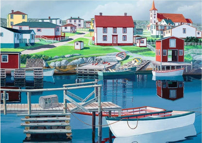 Colourful painting of a fishing village harbor with houses, a church, wooden docks and small boats