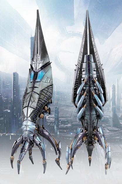 Two metallic Reaper Destroyer models (front and back view) standing over a futuristic city