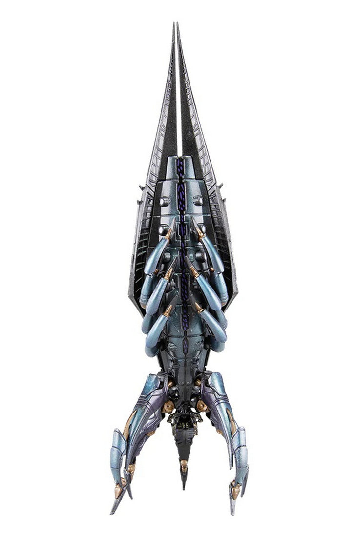 Metallic, spiked alien construct model with blue mechanical arms and three segmented legs