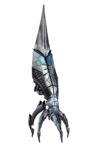A metallic, segmented sci-fi weapon or alien appendage with a pointed tip, blue lights, and sharp claws